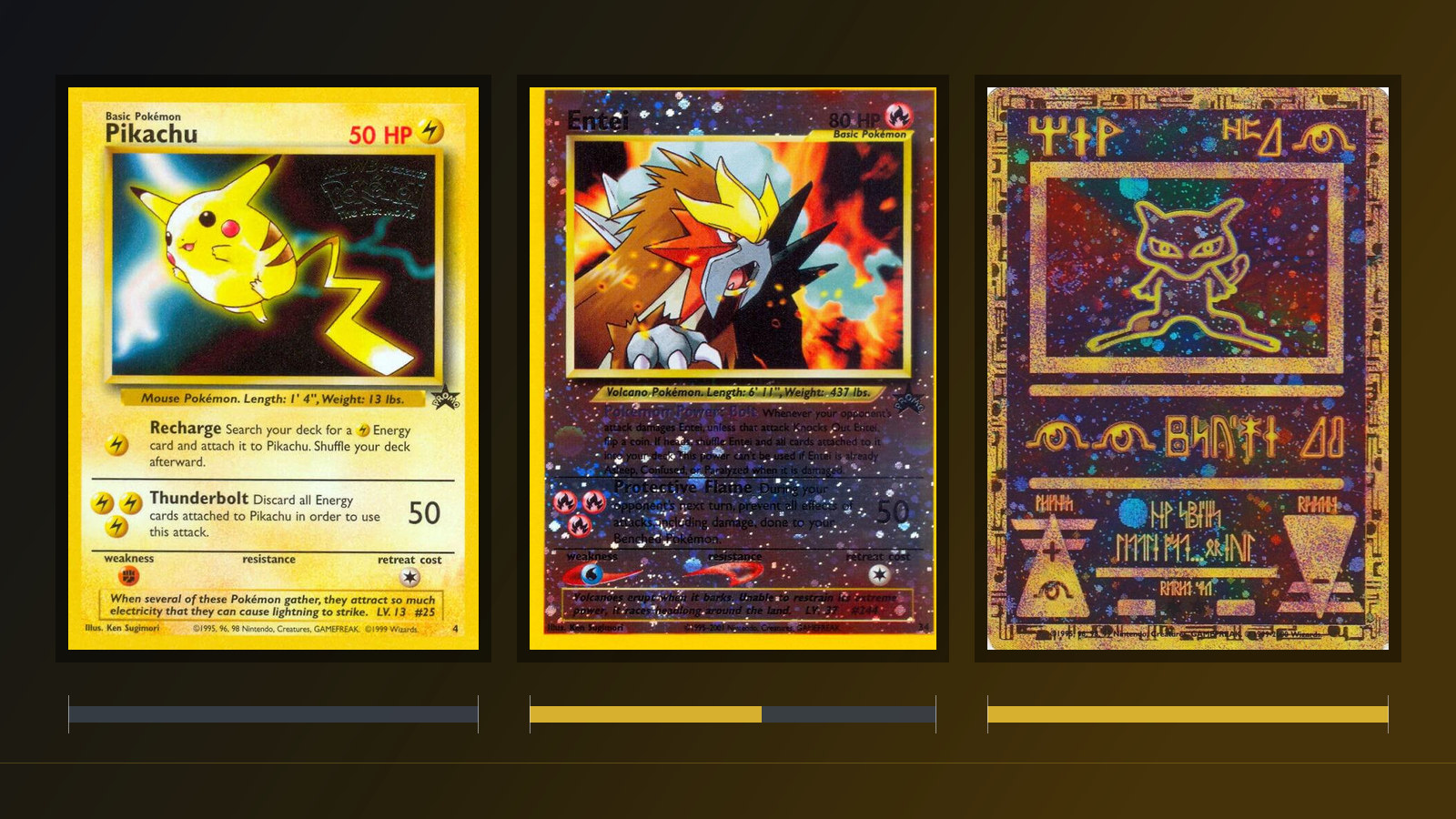 Ancient Mew from 2000 at the right with foil across its whole face, the 2001 reverse holofoil Entei promo centre, and the non foil 1999 Pikachu movie promo at the left, each above a bar showing how much of its front carries foil
