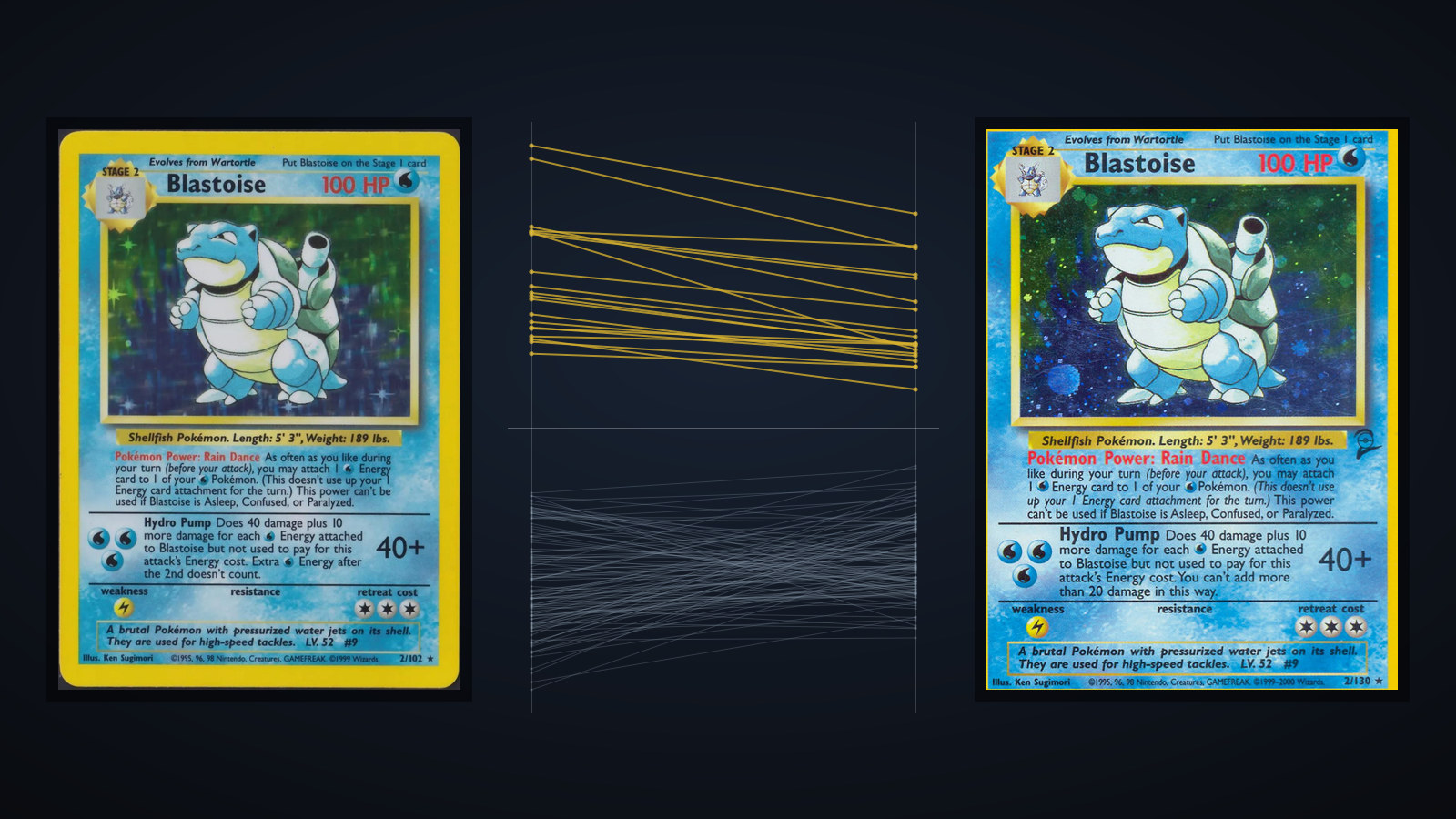 The 1999 Unlimited Base Set Blastoise at the left and the 2000 Base Set 2 Blastoise at the right on near black, with twenty amber strands between them all falling from the 1999 side to the 2000 side above a hairline, and one hundred and ten slate strands mostly rising below it