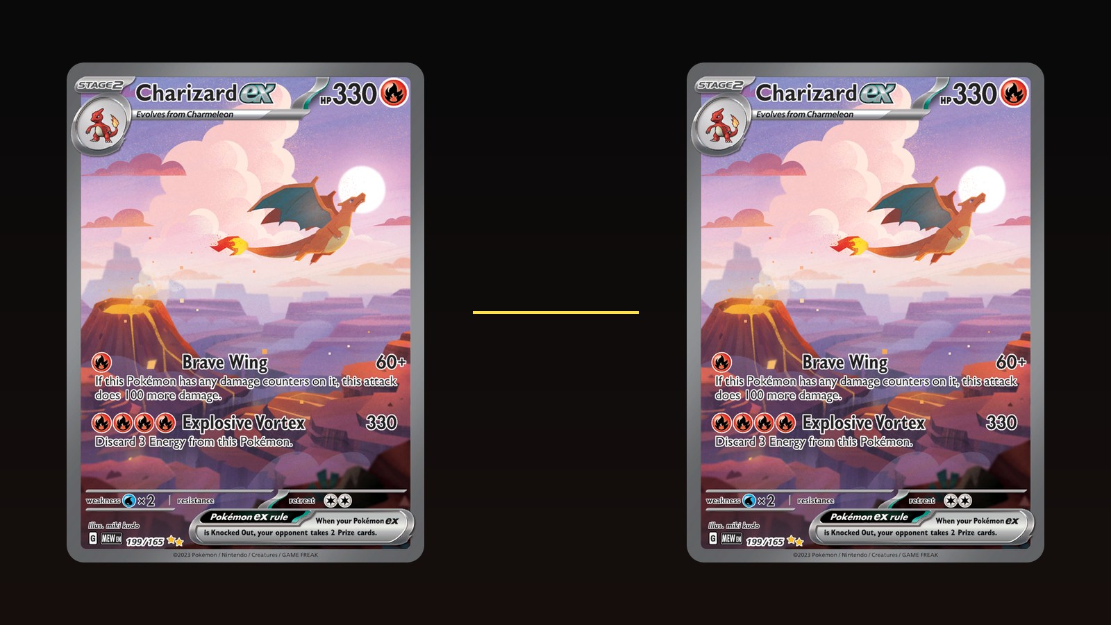 Charizard ex 199 from Pokemon 151 shown at both ends of a dark frame with empty space between the two copies