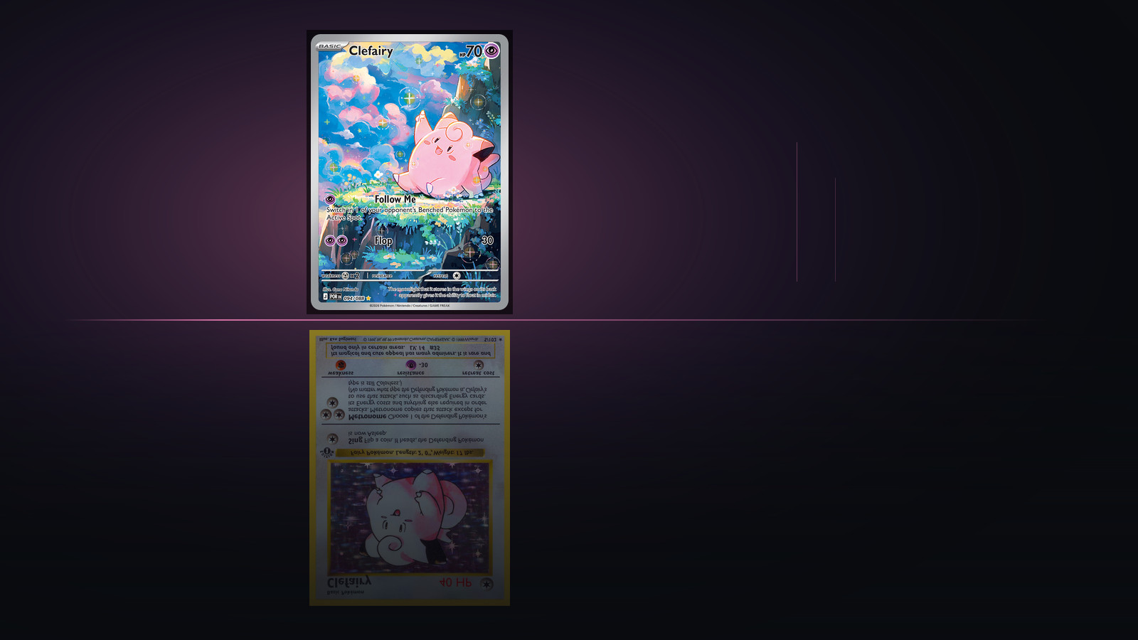 Perfect Order Clefairy 94 standing above its own mirrored reflection, the Base Set Clefairy of 1999