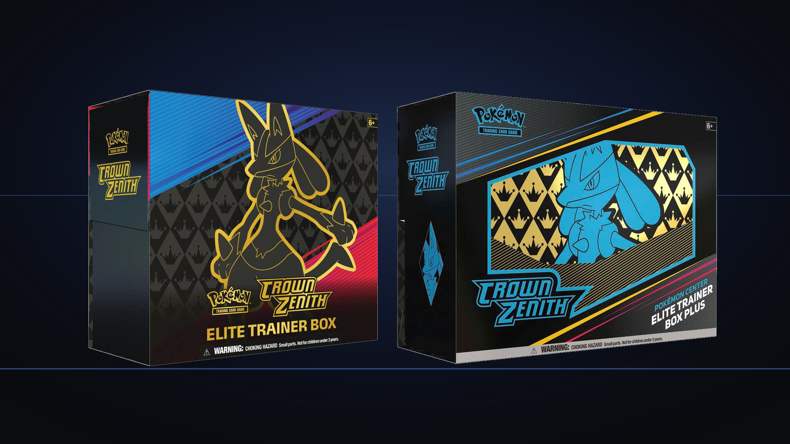 Crown Zenith Elite Trainer Box on the left and the Crown Zenith Pokemon Center Elite Trainer Box Plus on the right, both at equal height on a near black field crossed by two shelf rules