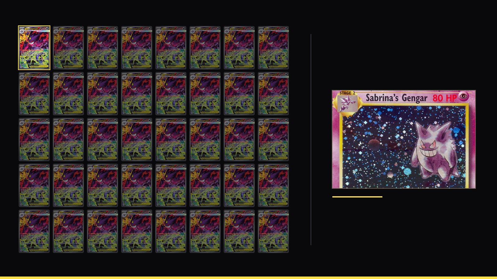 Forty copies of Mega Gengar ex 284 tiled on near black beside one Gym Heroes Sabrina's Gengar illustration