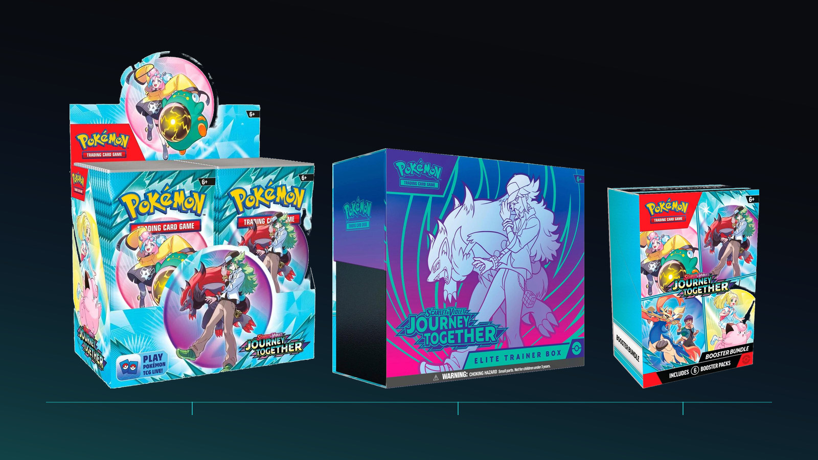 Journey Together booster box, elite trainer box and booster bundle standing in a row on near black under a teal wash, sized largest to smallest