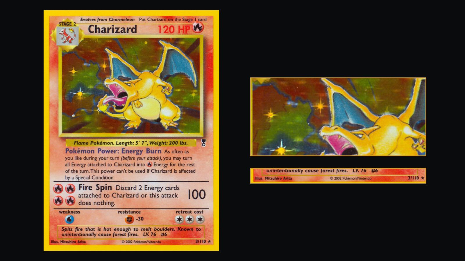 Legendary Collection Charizard 3 of 110 beside magnified plates of its holofoil artwork window and its 2002 identification line