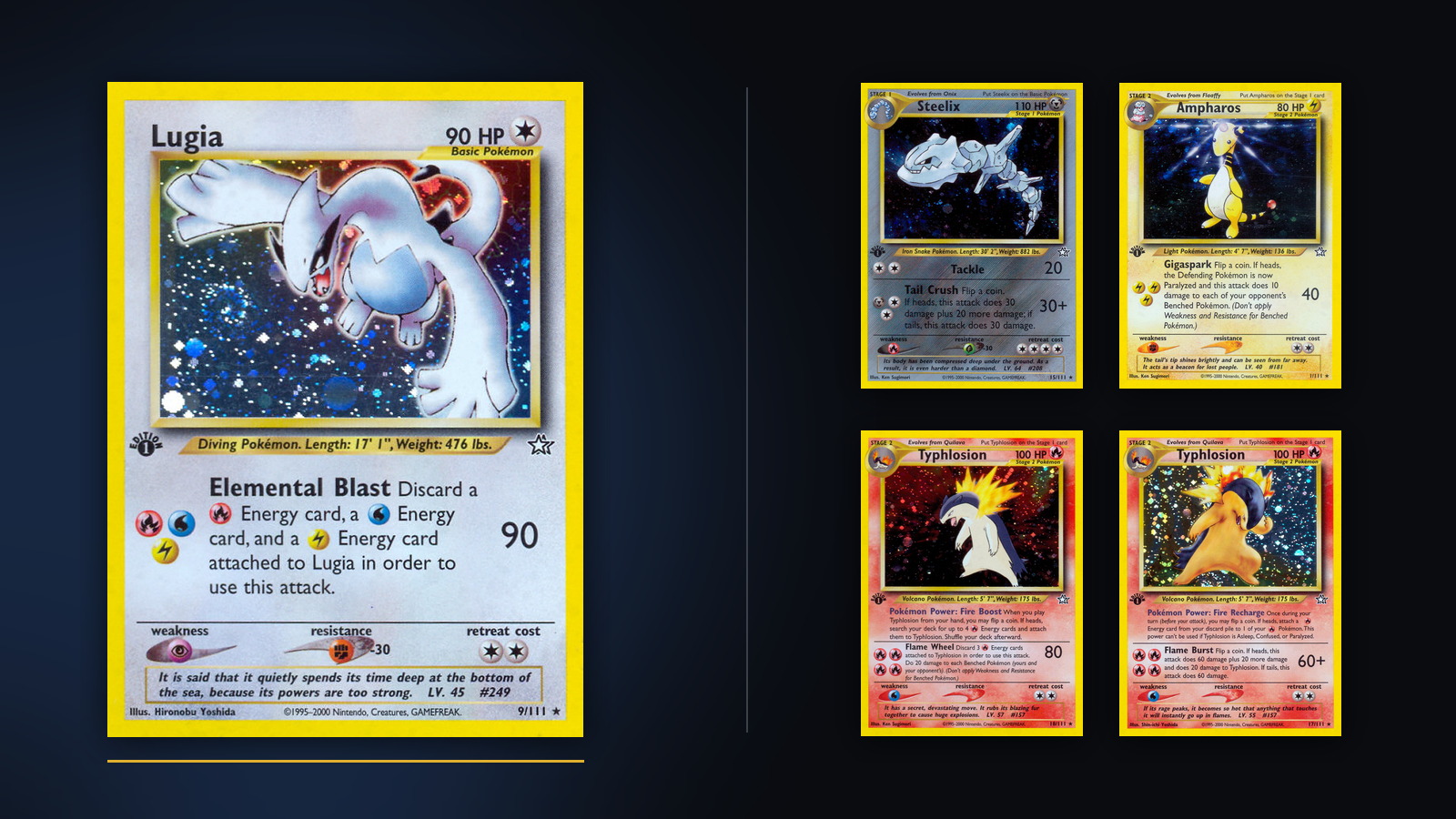 Neo Genesis Lugia 9 of 111 first edition print at the left, with the Steelix, Ampharos and two Typhlosion holofoil rares from the same set stacked at the right
