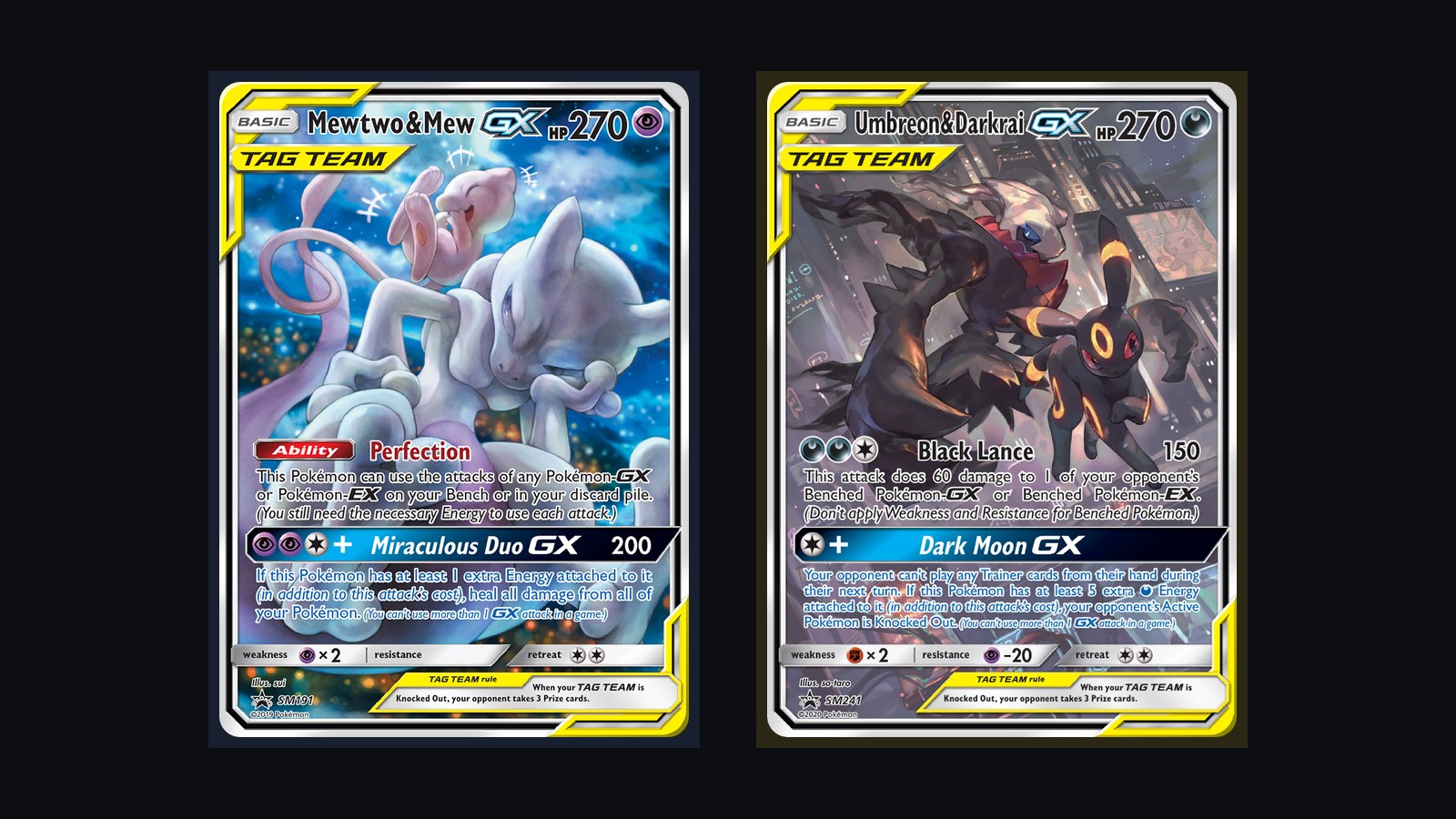 Mewtwo and Mew GX SM191 beside Umbreon and Darkrai GX SM241, two Tag Team promo cards